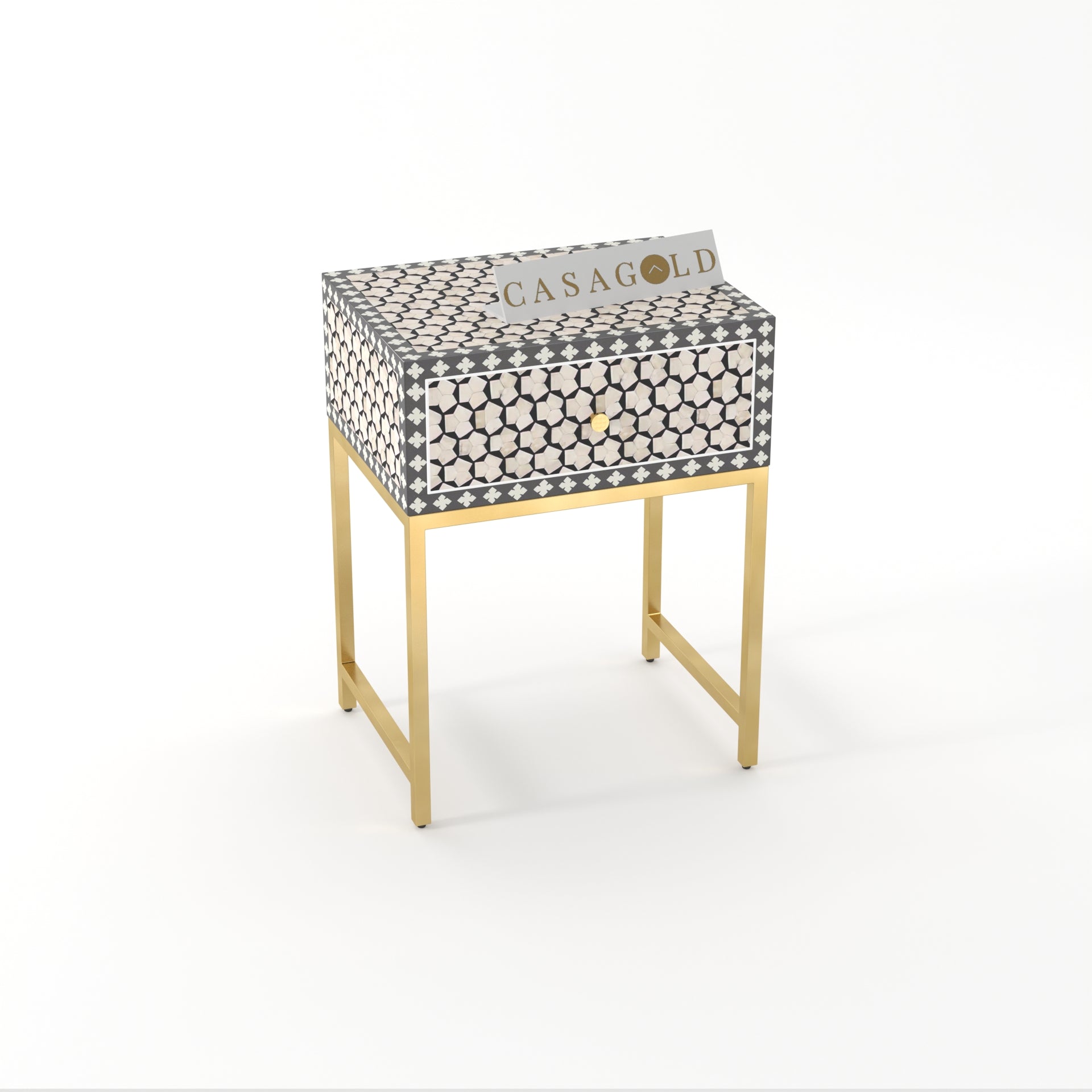 "Round bone inlay bedside table with elegant gold legs for luxury interiors"
