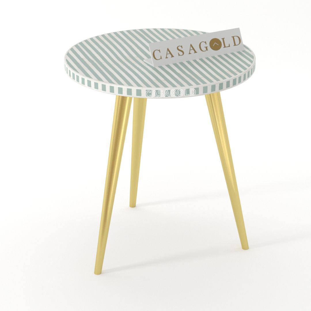 "Round inlay side table with 3 sturdy wooden legs for a modern look"
