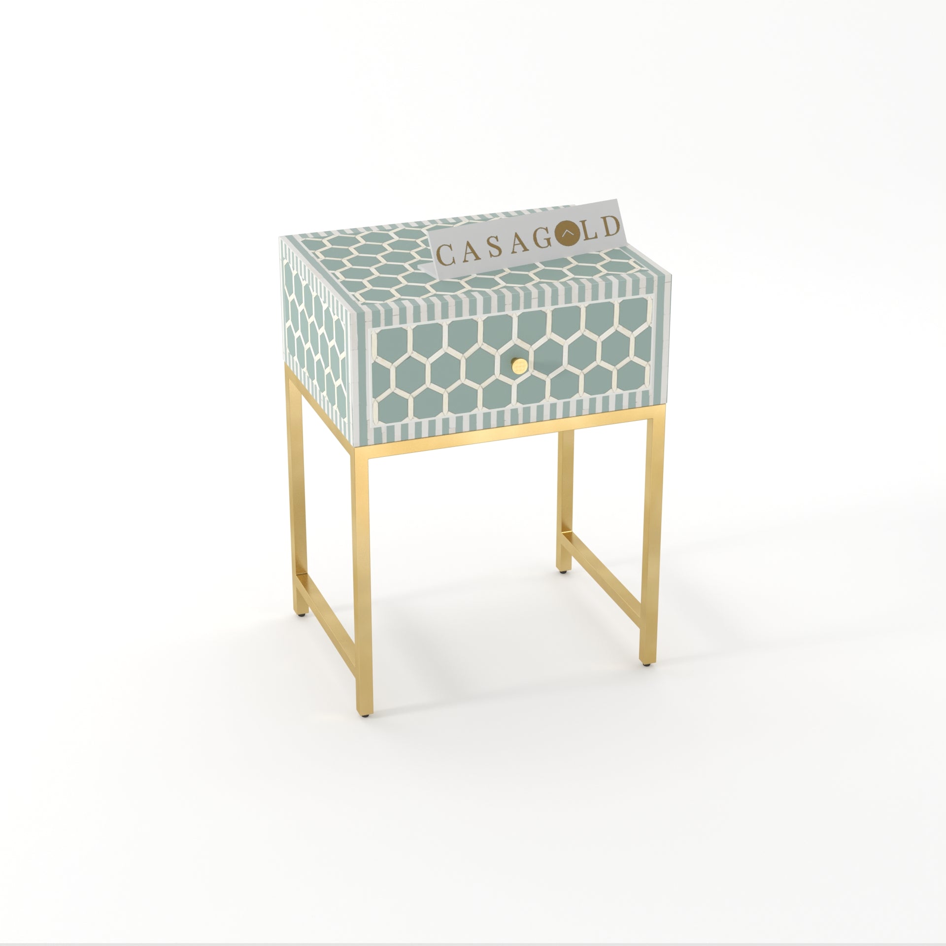 Rustic Round Inlay Table with Gold Legs	