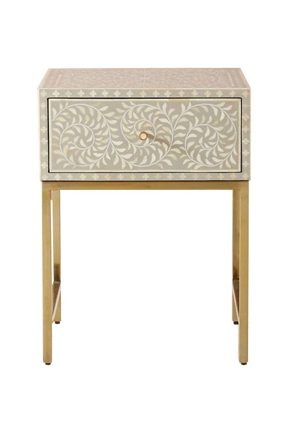 "Rustic rectangular inlay bedside table with natural tones and gold leg accents"
