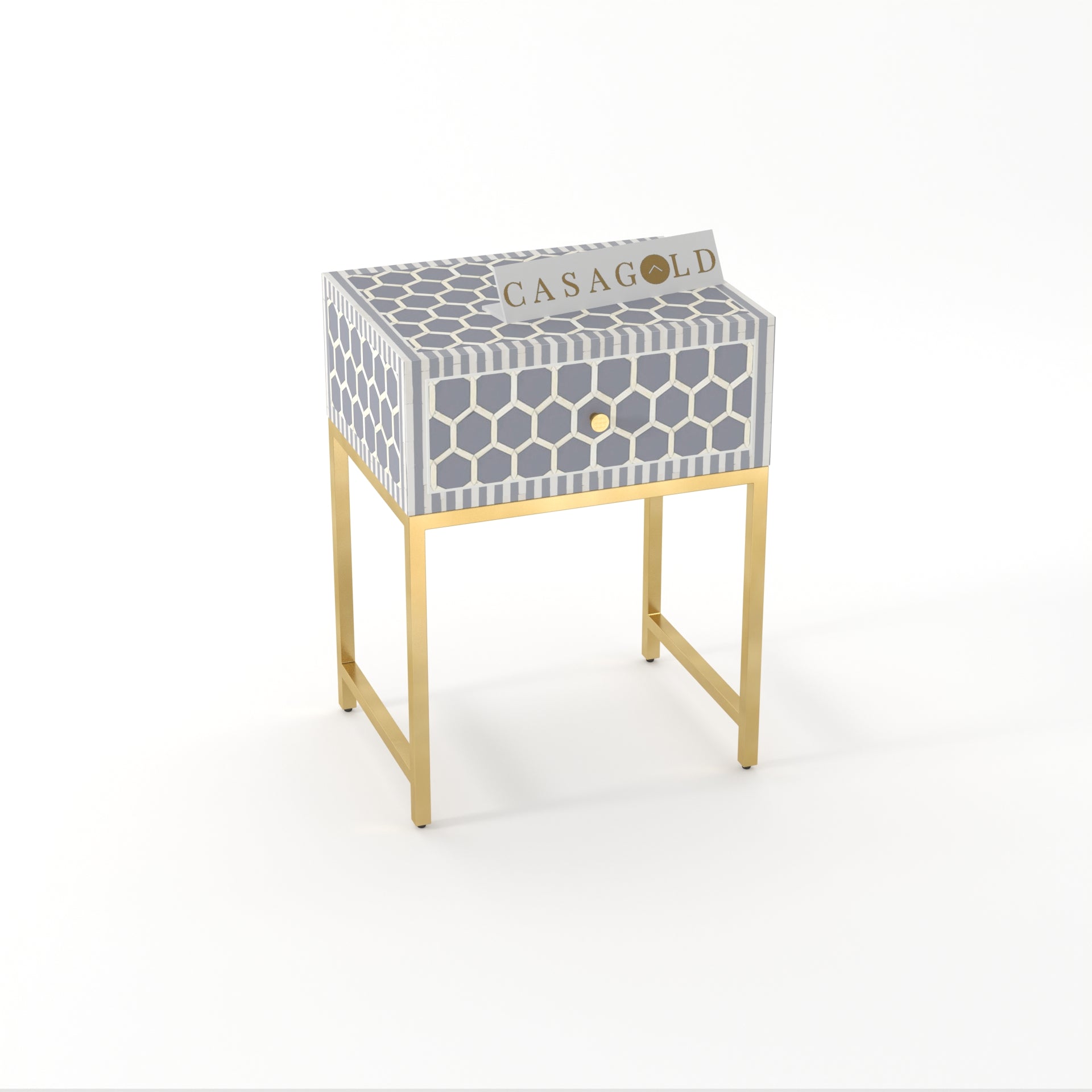 "Rustic round inlay bedside table with natural tones and gold leg accents"
