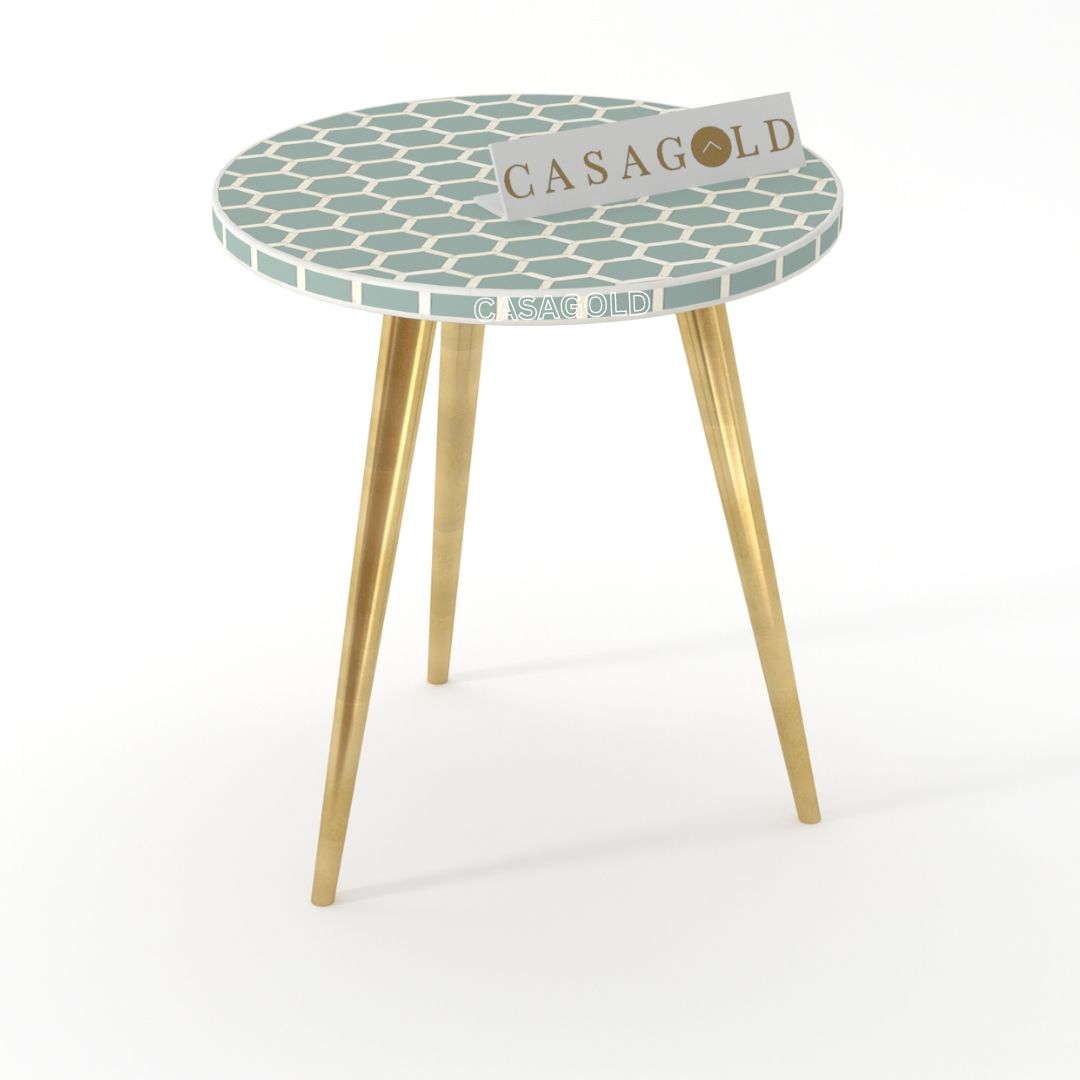 SeaGreen  Round Inlay Side Table with Tapered Legs	