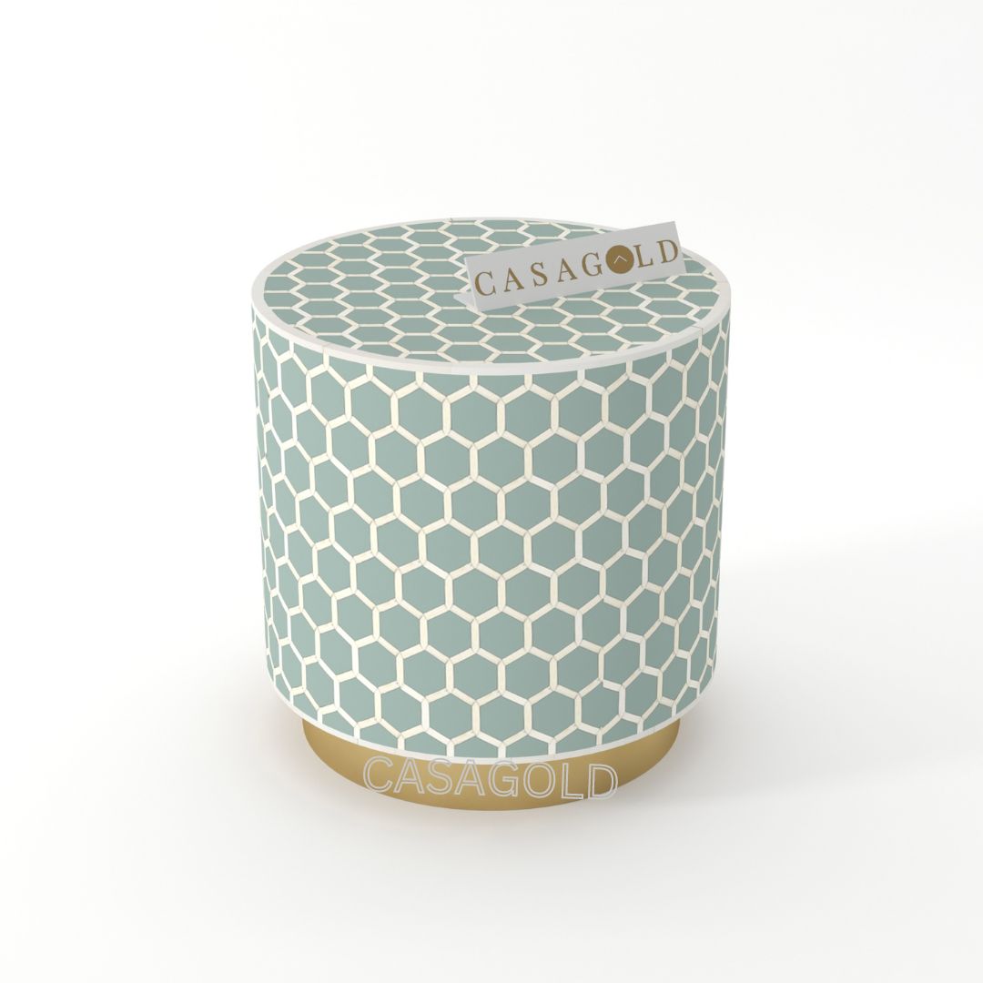 "SeaGreen and white drum-shaped side table with bold inlay designs"