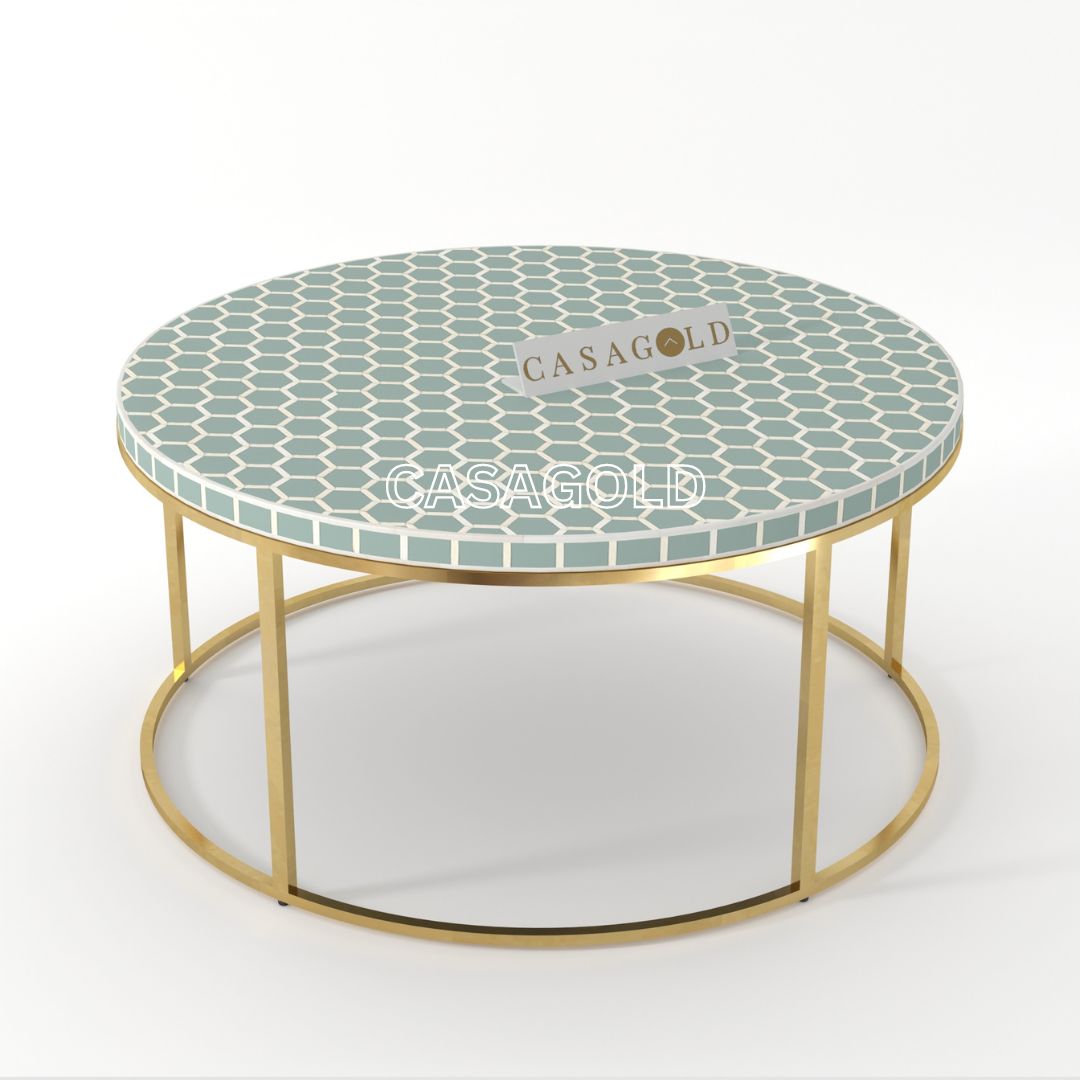 Seagreen Honeycomb Bone Inlay Round Coffee Table	