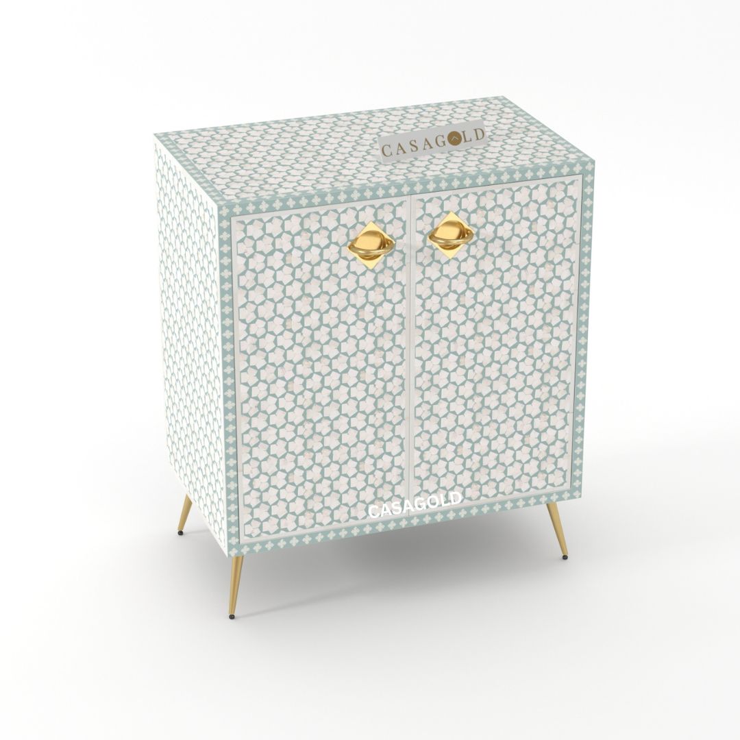 Seagreen and white bone inlay storage cabinet for modern interiors.