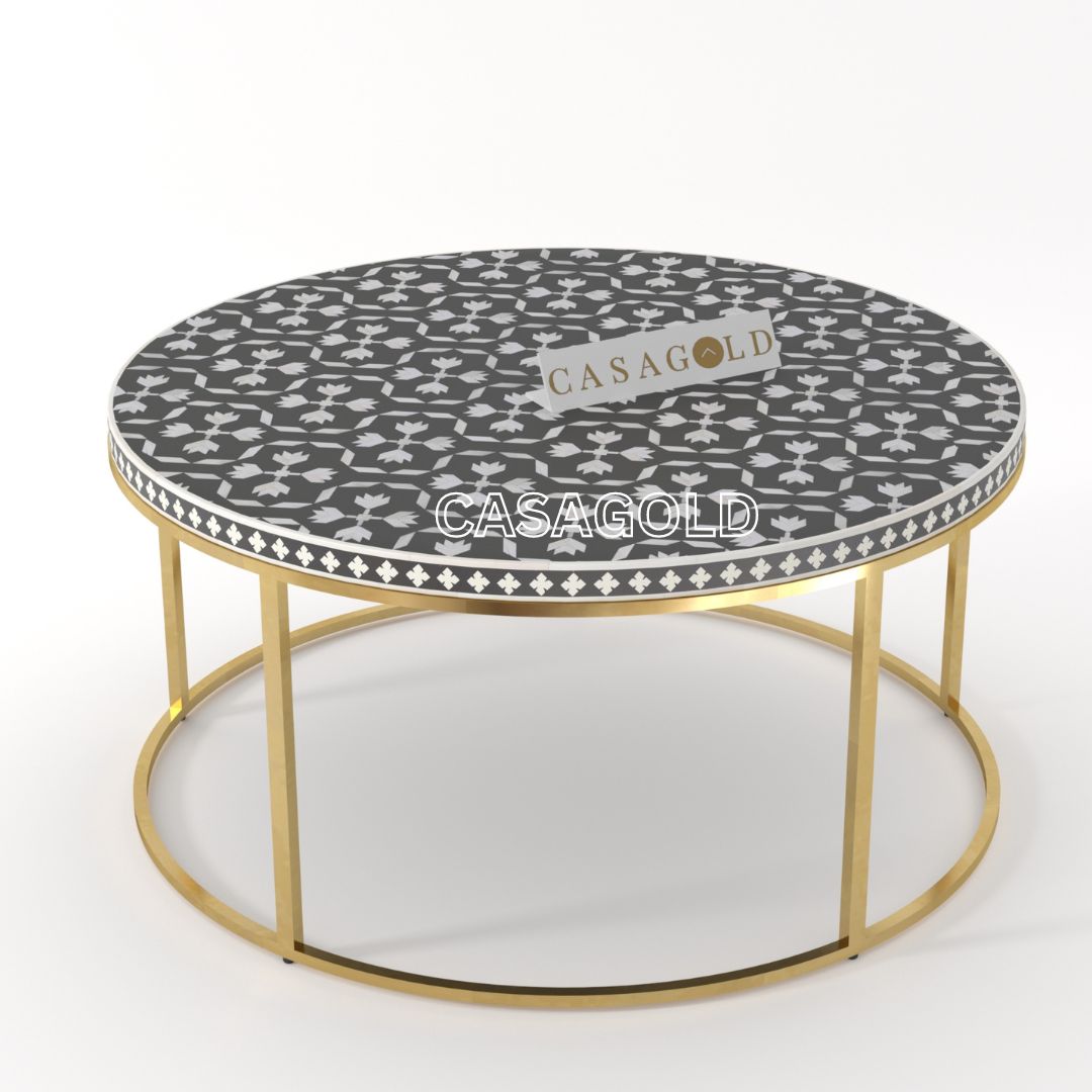 Sleek modern round coffee table, bone inlay
