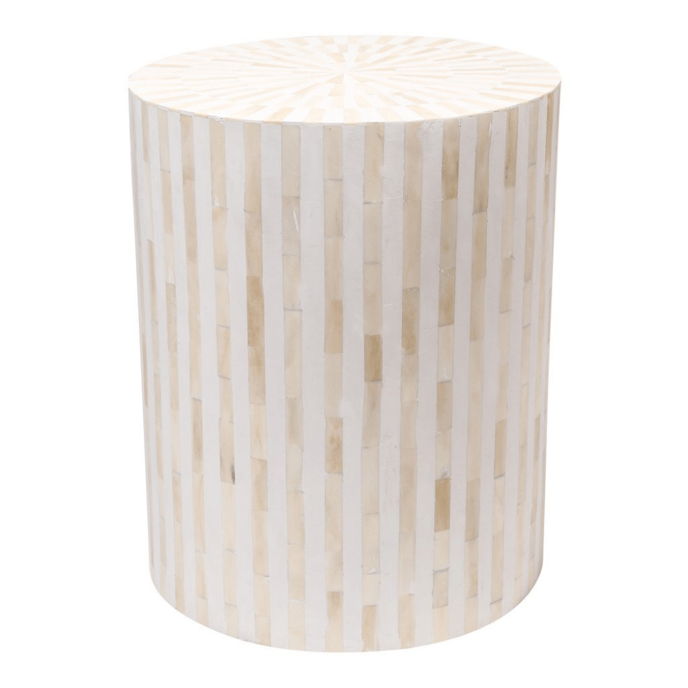 "Small floral-patterned drum inlay side table for compact spaces"
