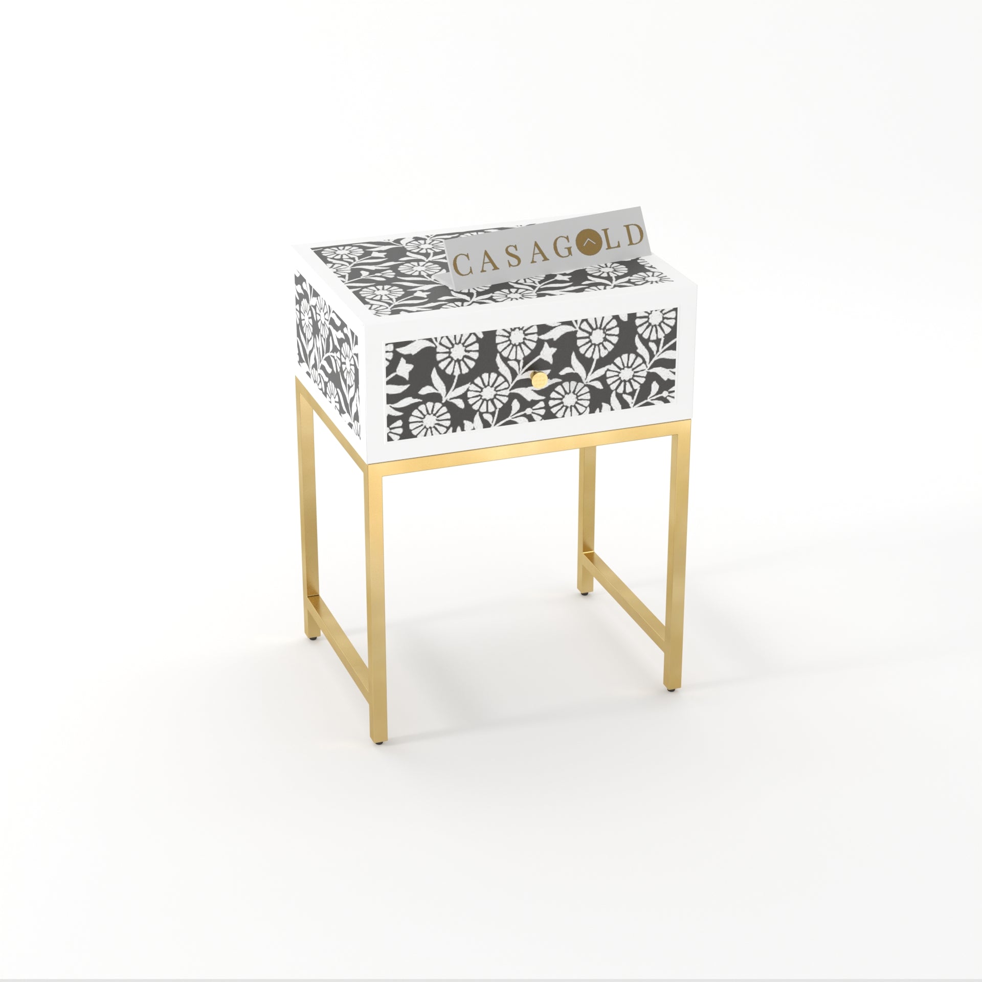 "Small round bedside table with gold accents and a refined inlay finish"
