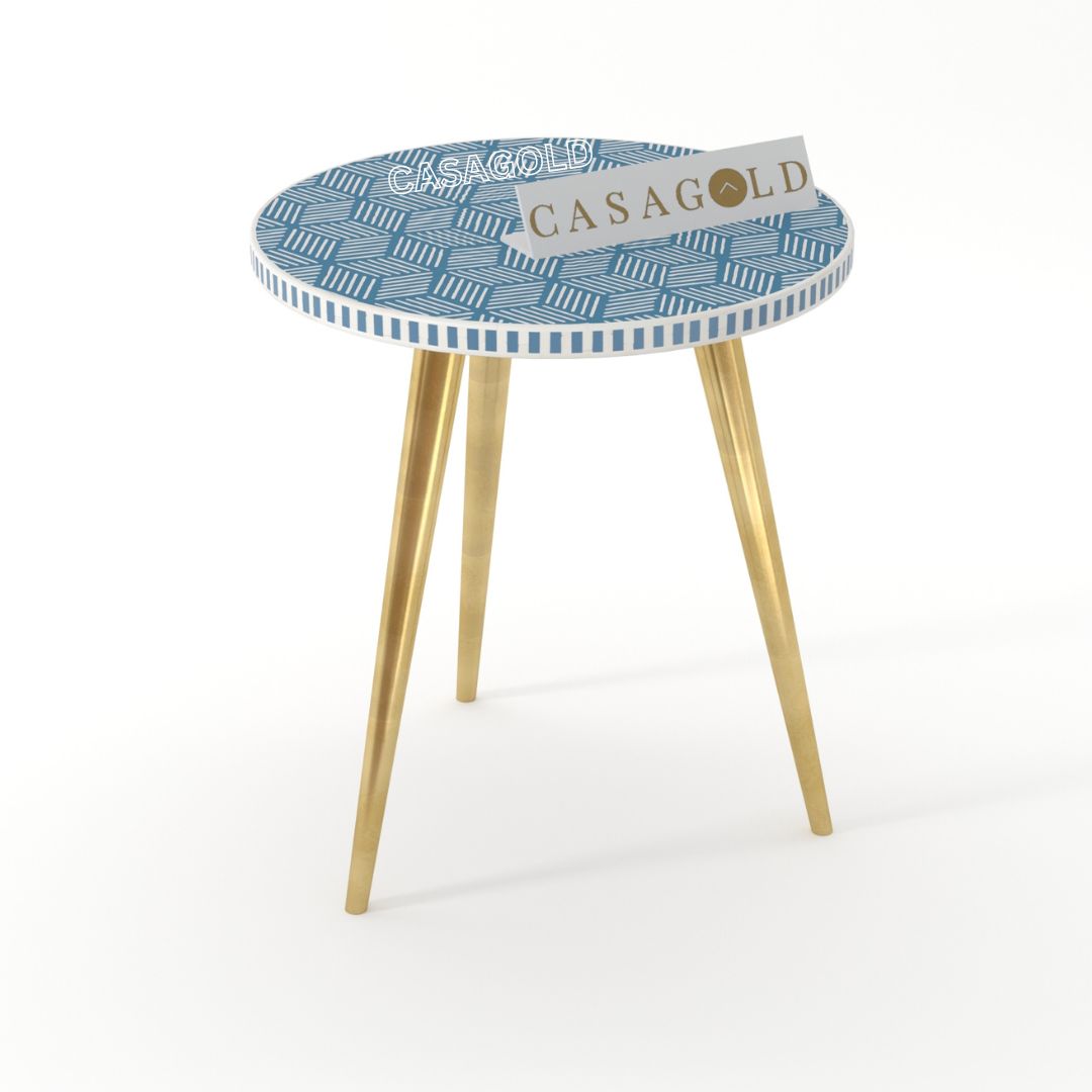 "Small round bone inlay side table with 3 legs for compact spaces"

