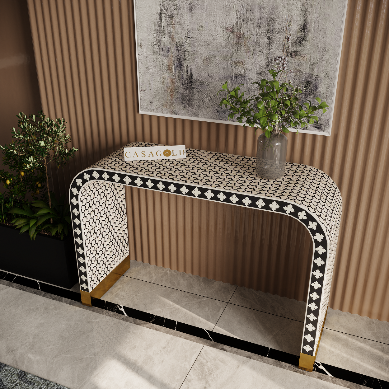 Black and White Bone Inlay Console Desk	