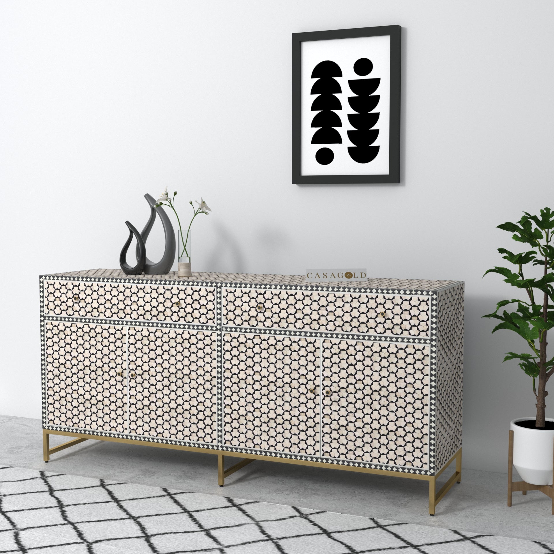 Targua inlay sideboard with intricate geometric design.
