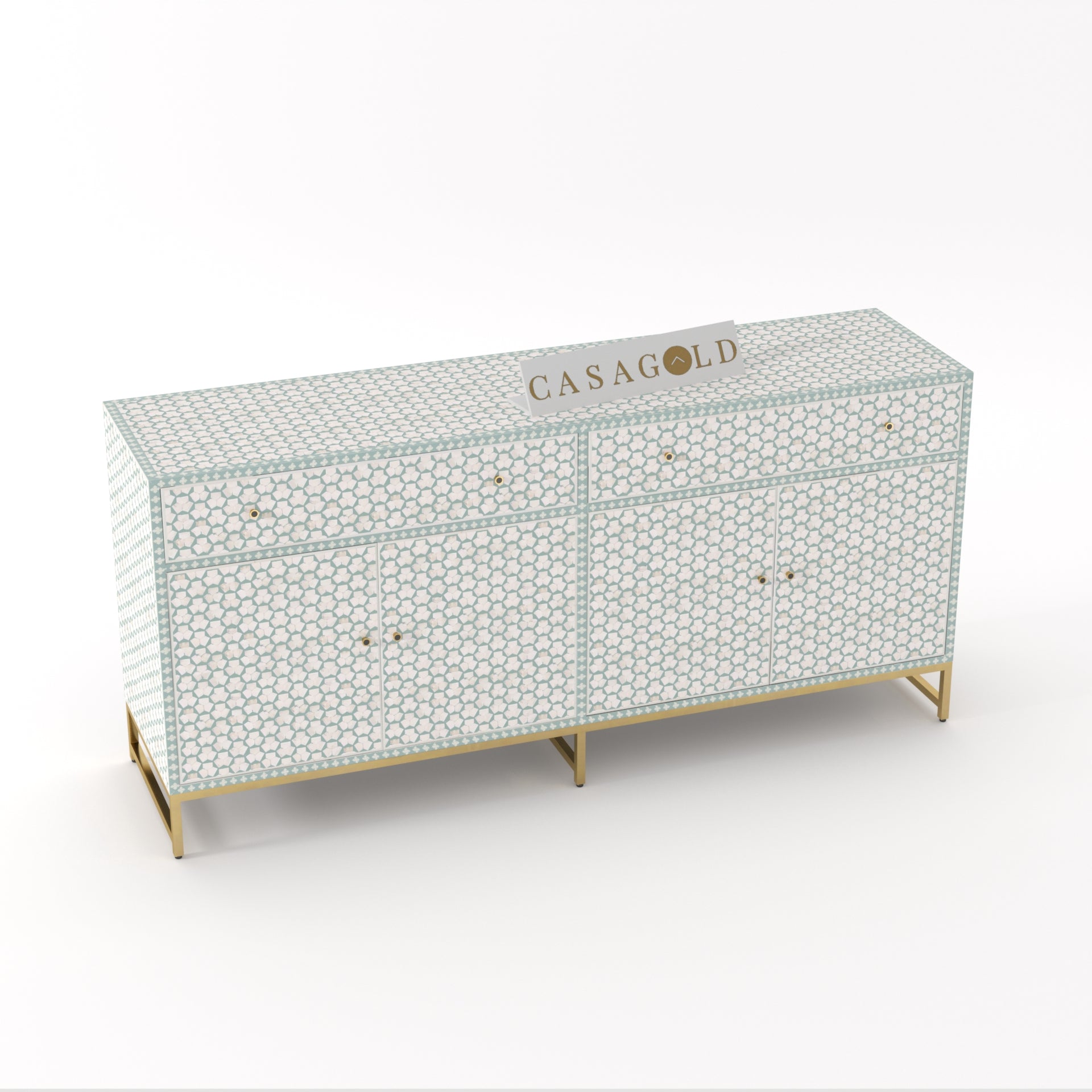Wooden sideboard with Targua bone inlay design.
