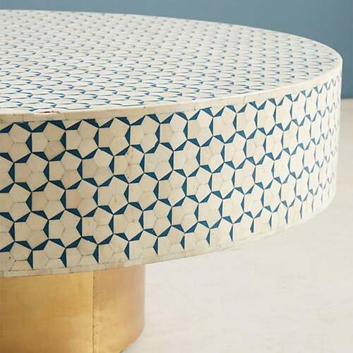 Targua_Teal_Compact round coffee table, bone inlay