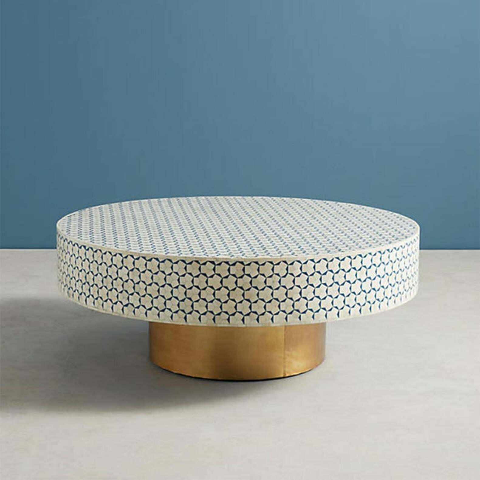 Targua_Teal_Compact round coffee table, bone inlay