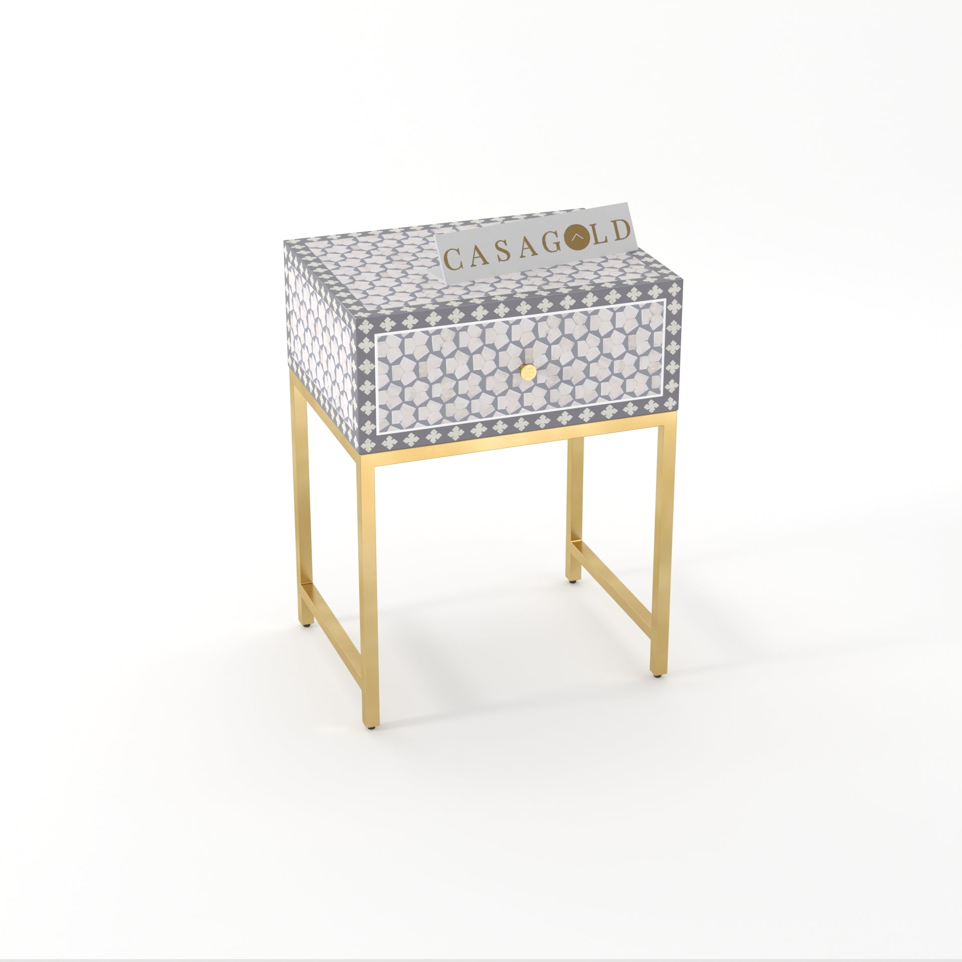 "Targua inlay bedside table featuring a gold round base and stylish design"