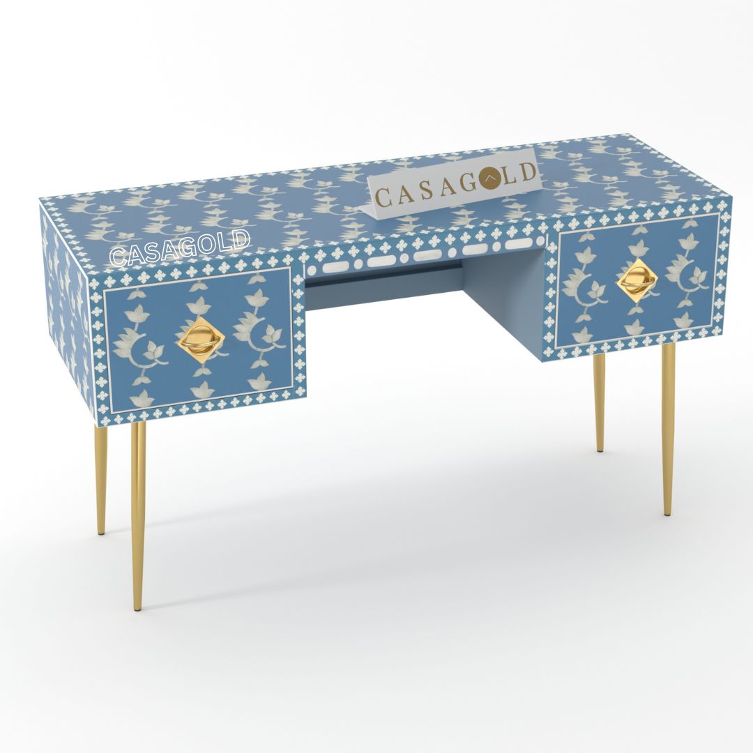 Teal Bone Inlay Writing Desk with Storage	