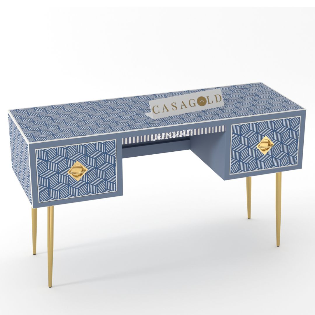 Teal Chevron Pattern Bone Inlay Study Desk	