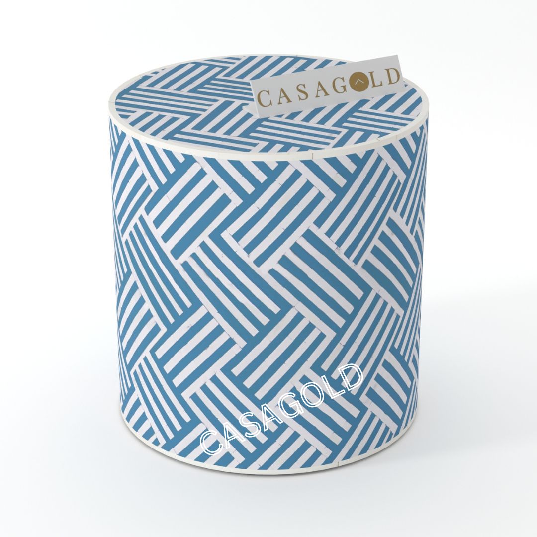 Teal Chevron Pattern Drum Inlay Side Table	