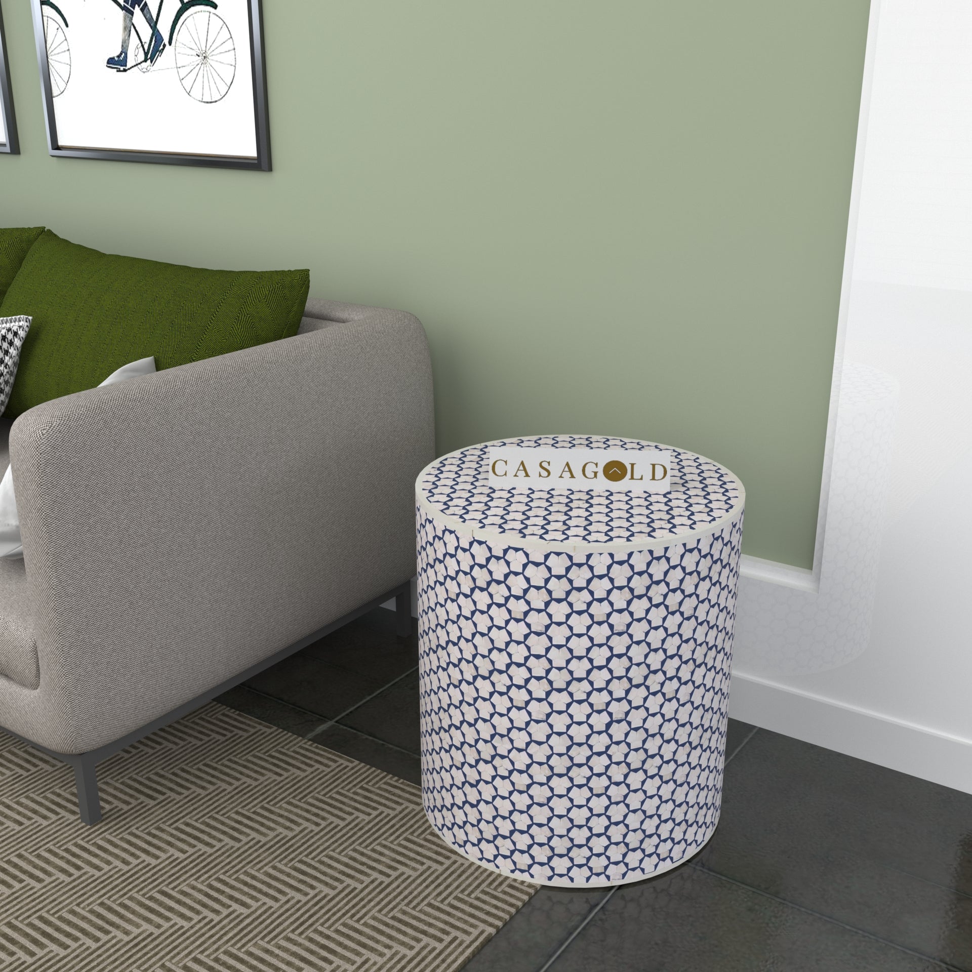 White Drum Inlay Side Table with Subtle Patterns	