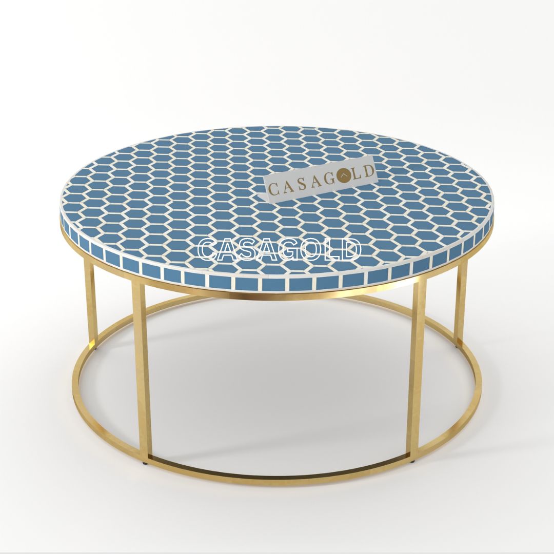 Teal Honeycomb Bone Inlay Round Coffee Table	