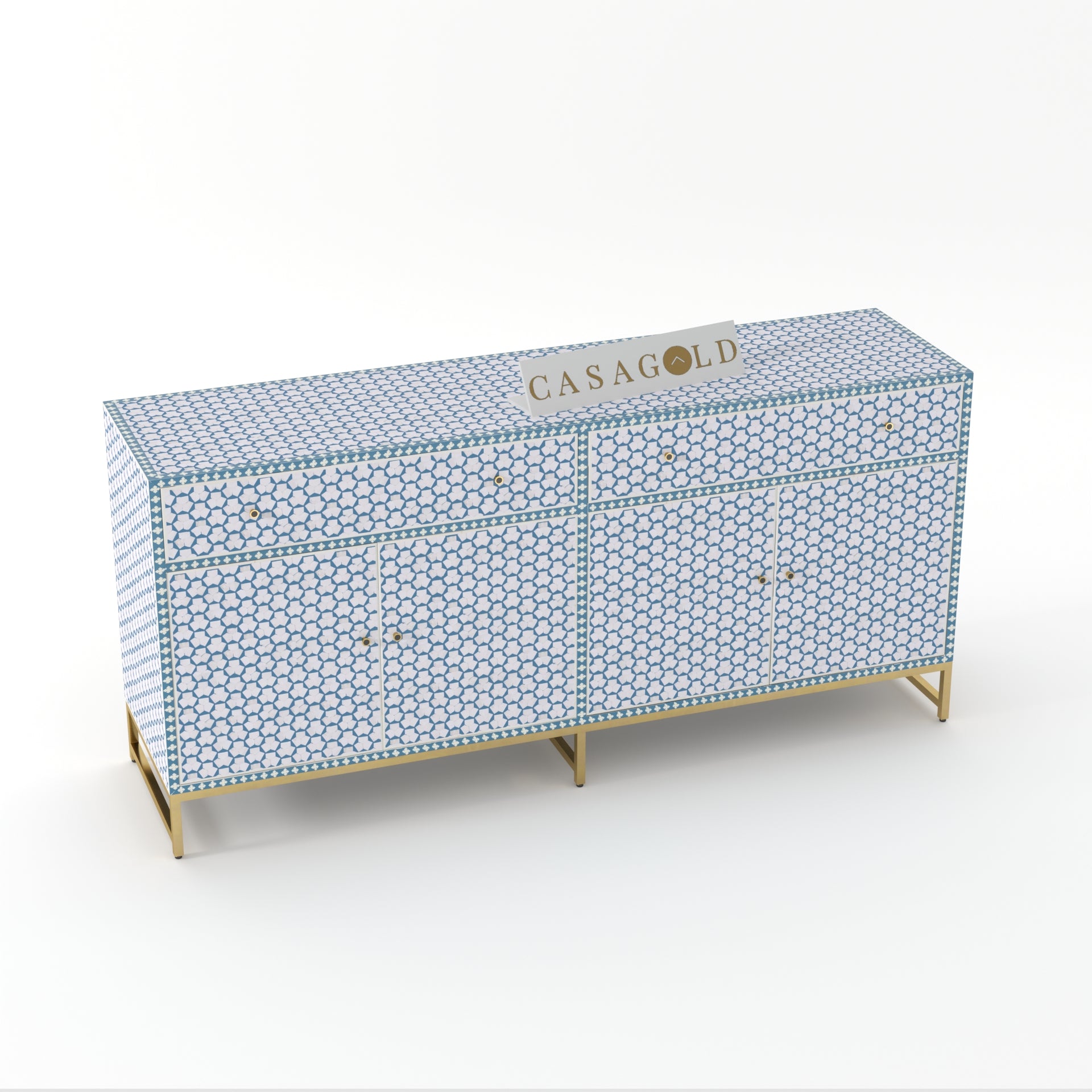 Teal and white bone inlay sideboard for modern interiors.
