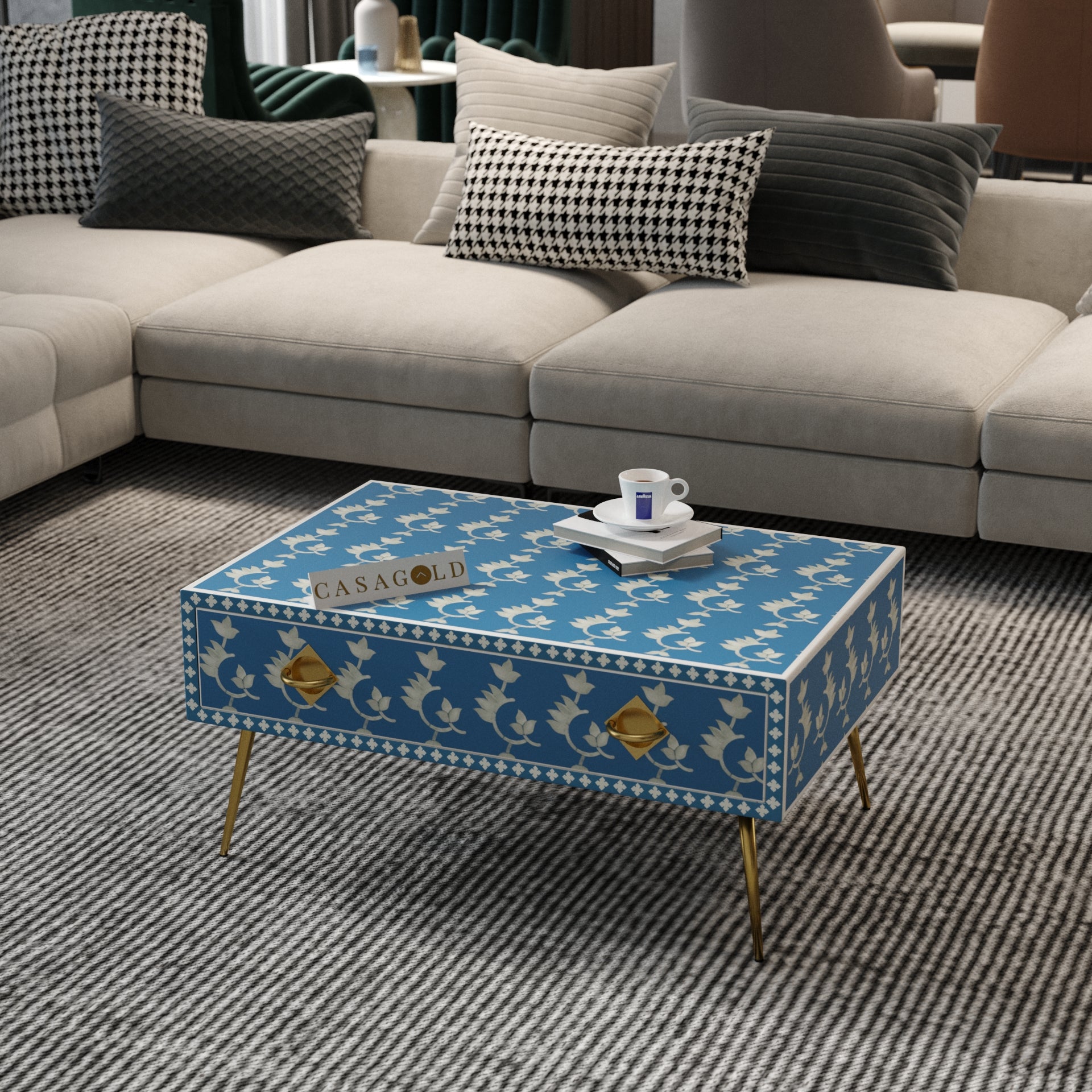 Teal and White Bone Inlay Rectangular Coffee Table	