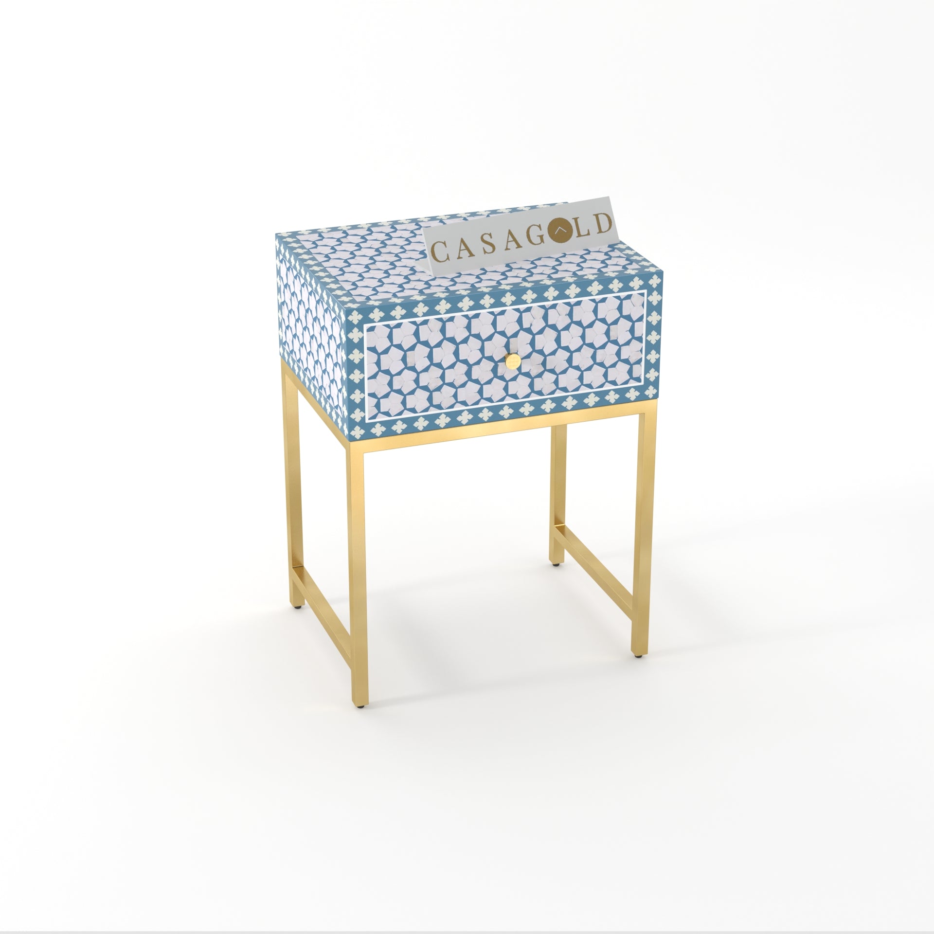 "Teal bone inlay bedside table with round gold legs for modern decor"
