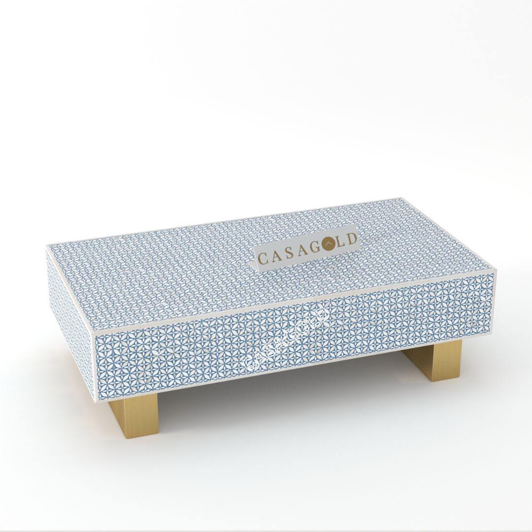 "Teal bone inlay rectangular coffee table for bright, elegant decor"
