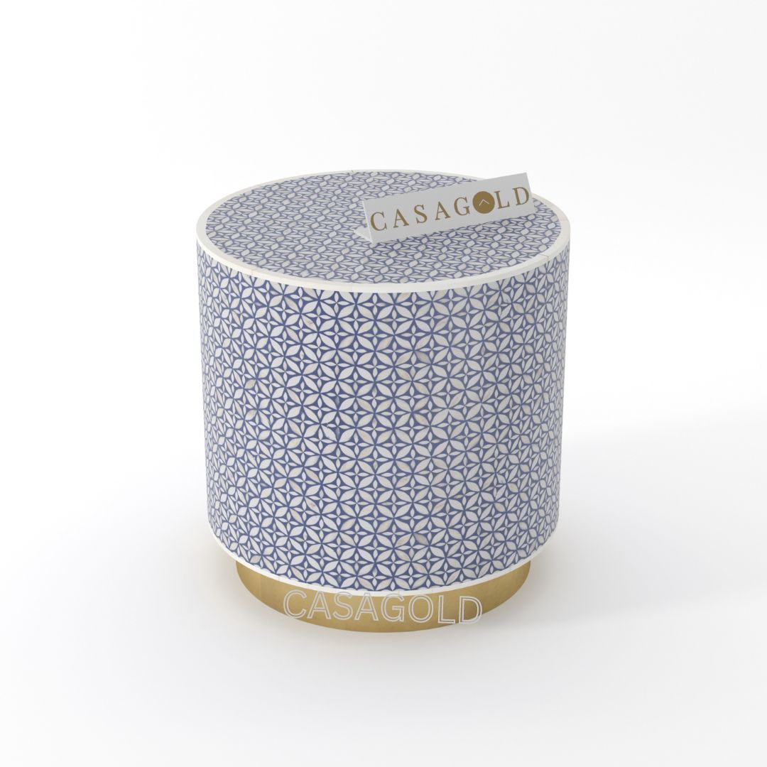 "Teal drum inlay side table featuring intricate geometric designs"
