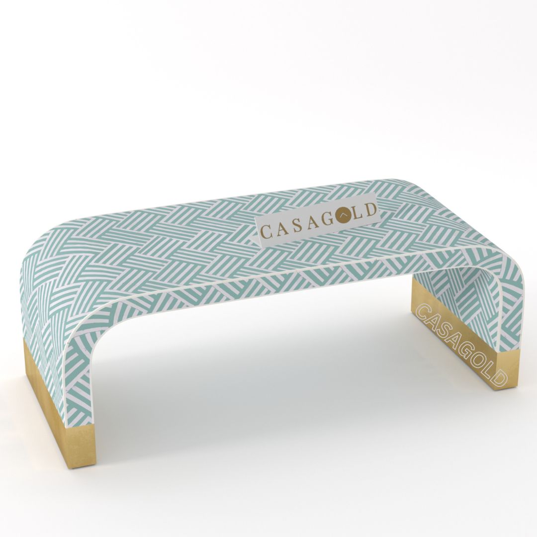 "Teal rectangular coffee table with vibrant bone inlay patterns"
