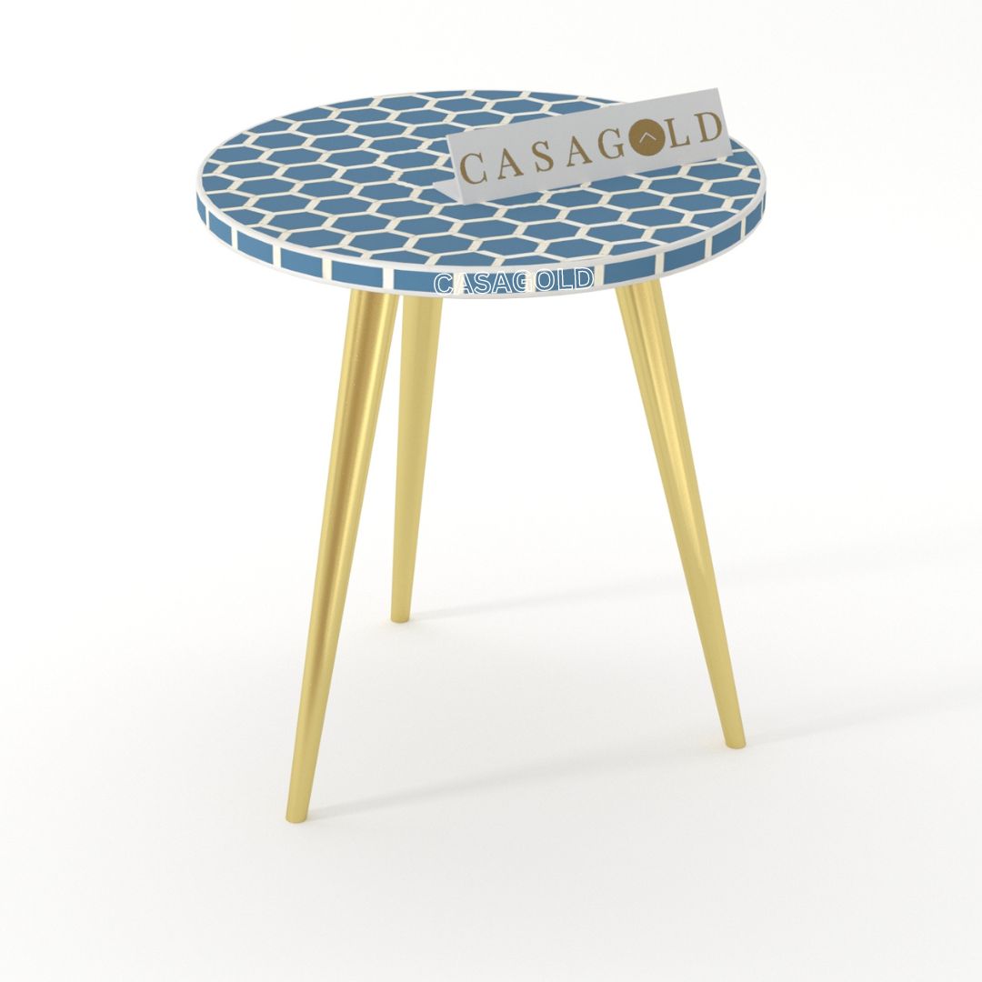 "Teal round inlay side table featuring a geometric design and 3-leg support"