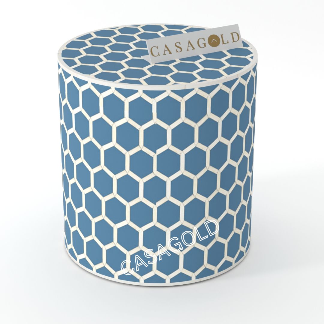 "Traditional drum inlay side table with heritage designs"
