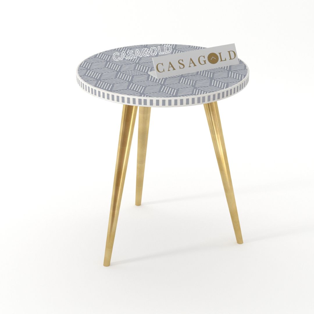 "Traditional round inlay side table with 3 intricately carved legs"
