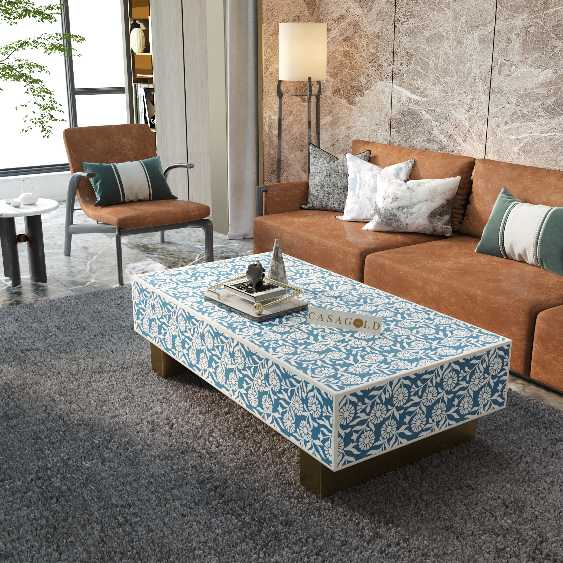 Tribal Design Bone Inlay Rectangular Coffee Table	