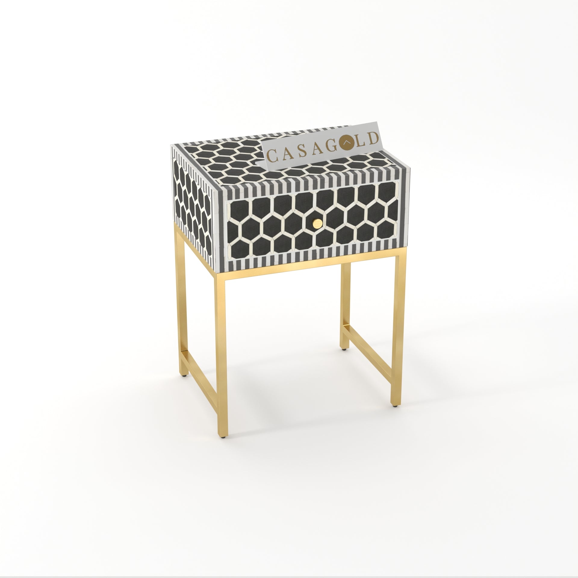 "Vintage-style round bone inlay bedside table featuring a strong gold frame"
