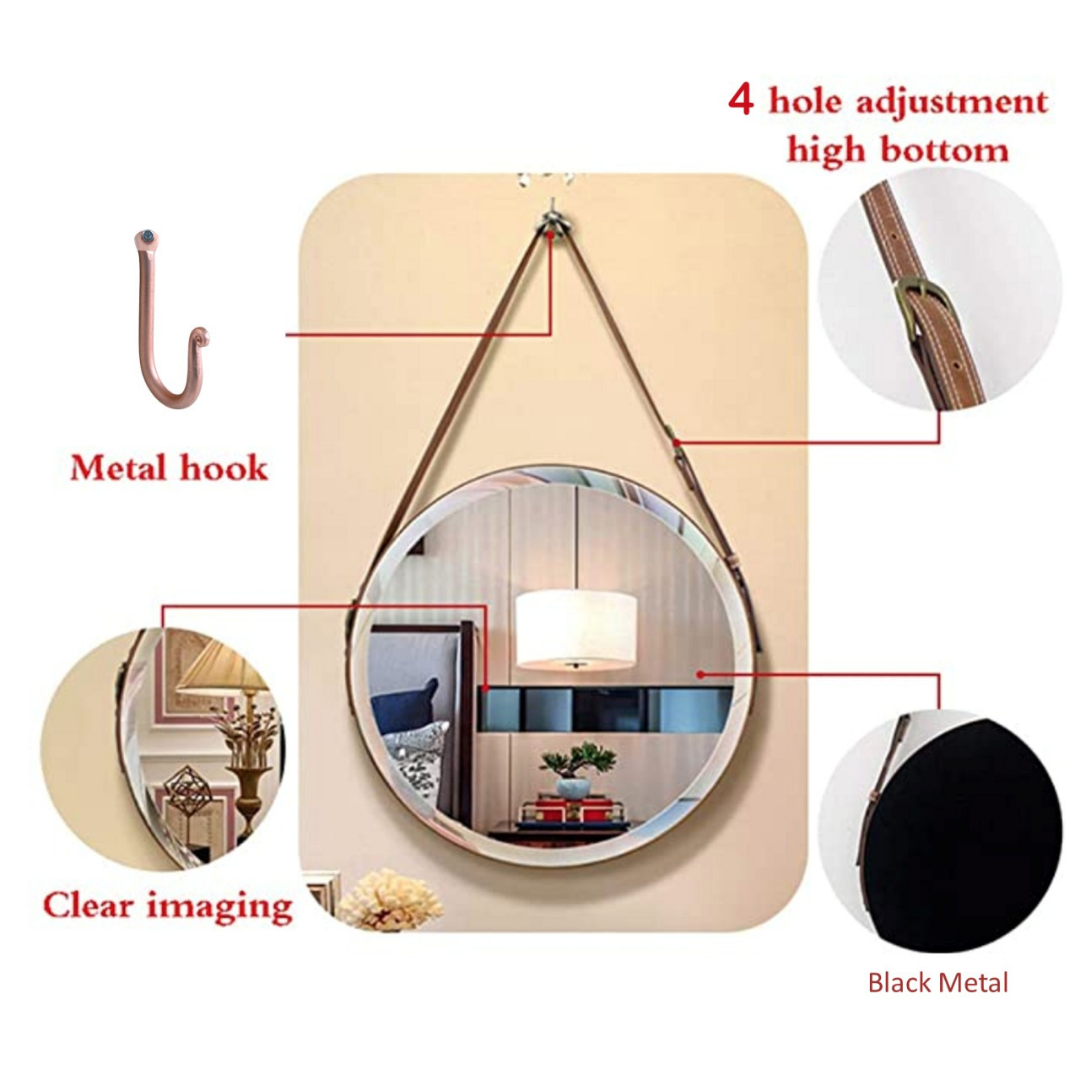 "Vintage rectangular mirror framed in high-quality leather for timeless elegance."
