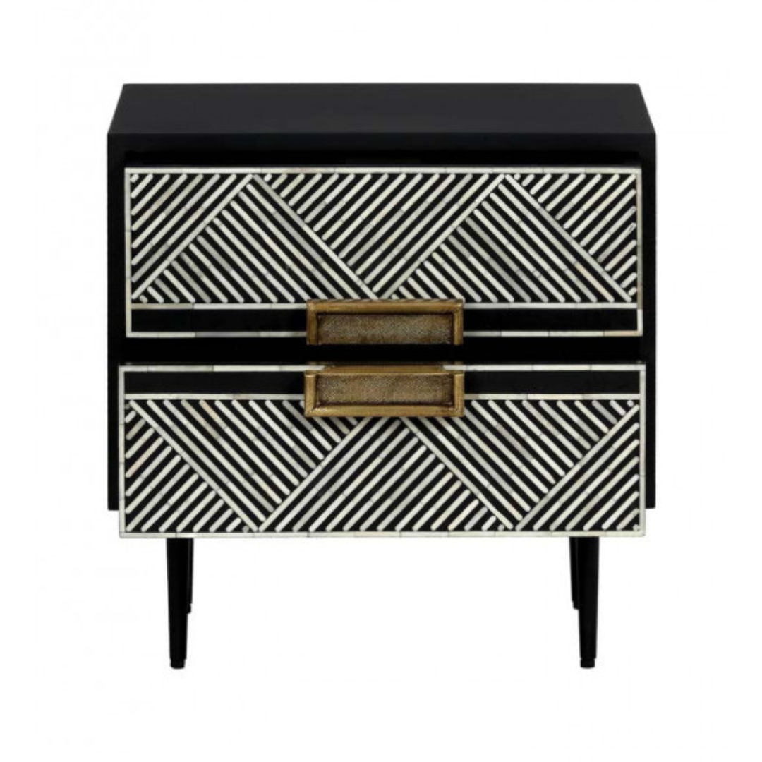 Vintage Rectangular Bone Inlay Bedside Table with Gold Frame	