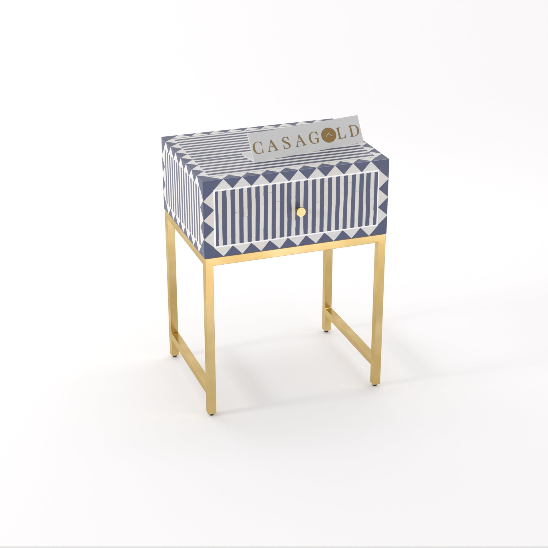 "Waterfall -pattern round inlay bedside table with durable gold legs"