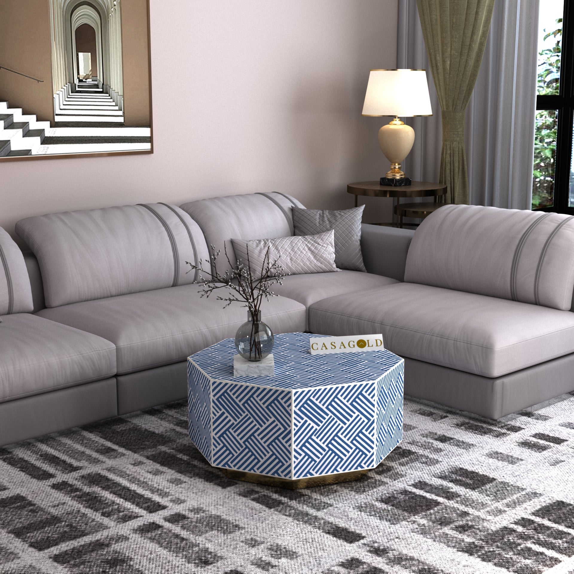 White Bone Inlay Coffee Table with Hexagon Shape	