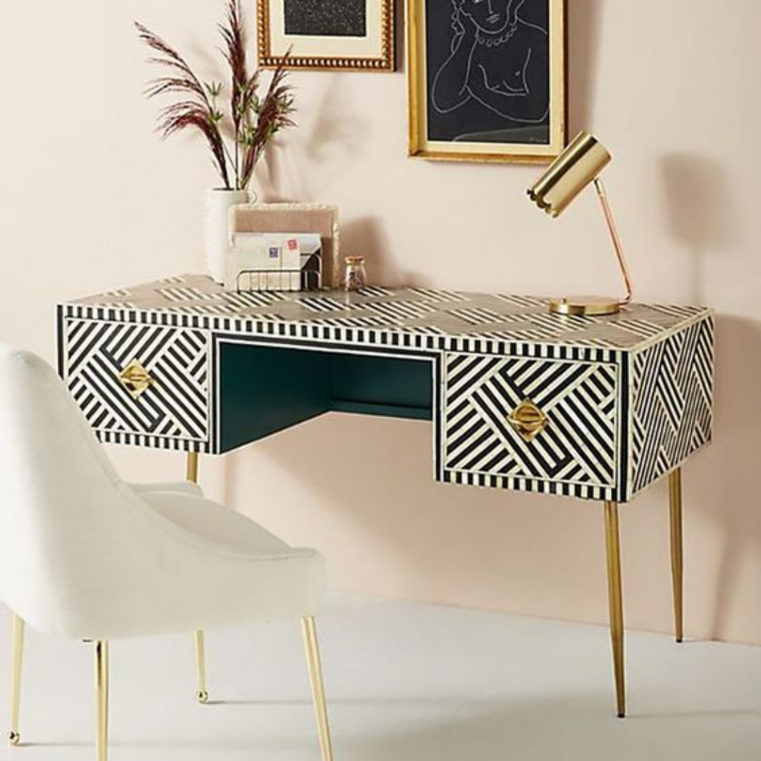 White Chevron Bone Inlay Writing Desk	