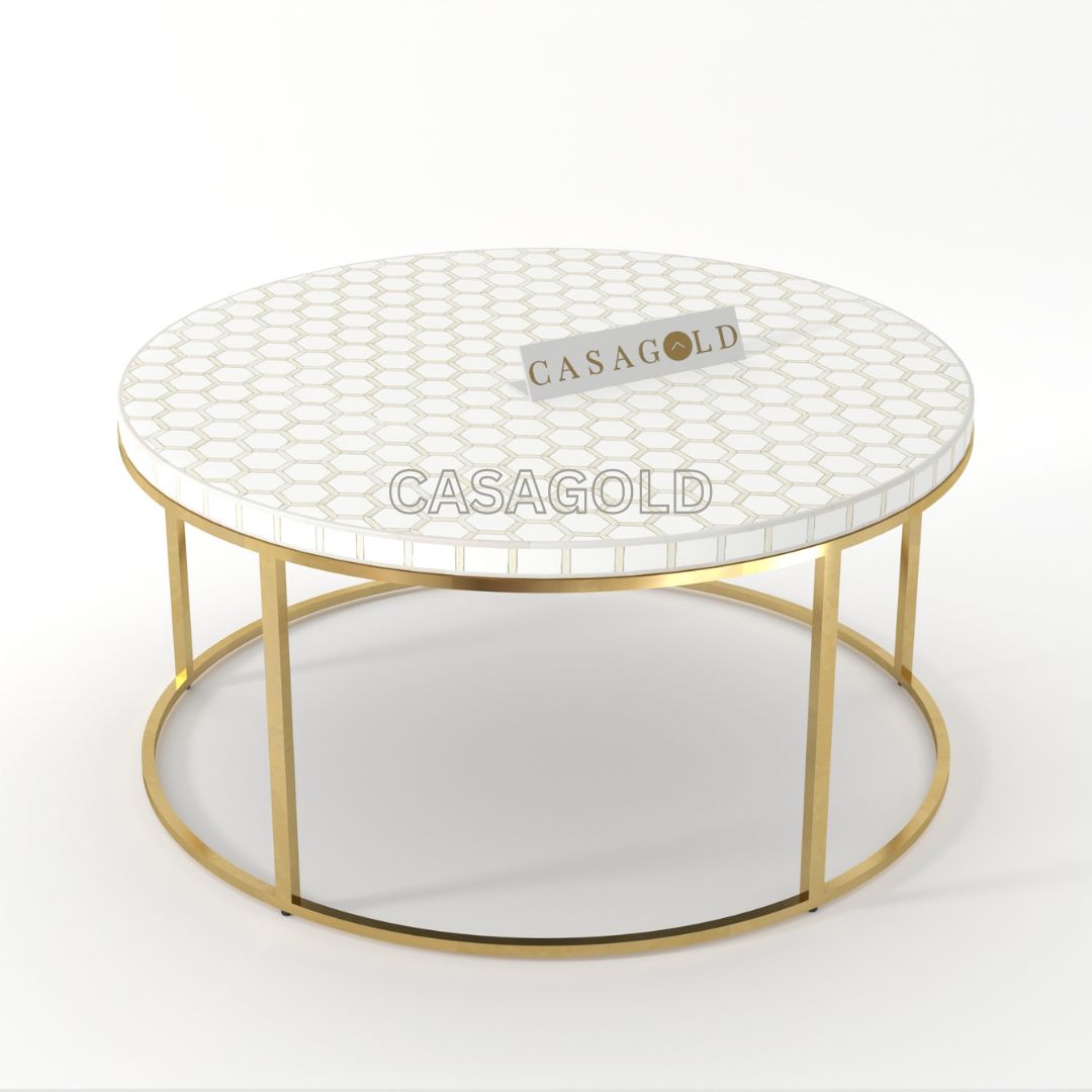 white Honeycomb Bone Inlay Round Coffee Table	