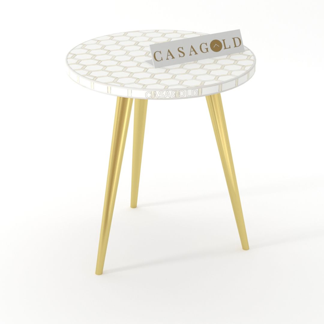 White Round Inlay Side Table with Geometric Pattern	