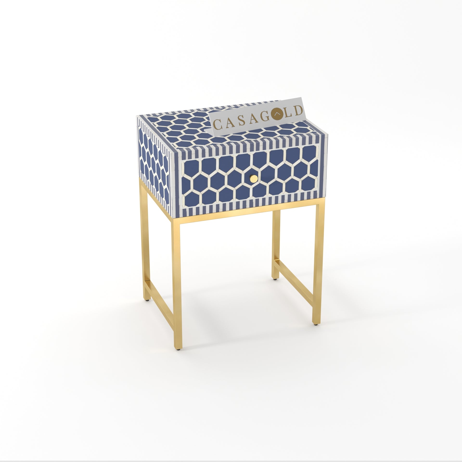 White Round Inlay Table with Gold Legs	