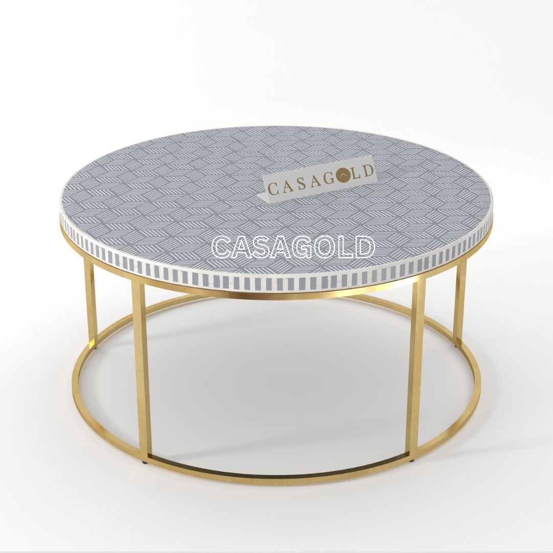 White and Grey round coffee table, inlay art
