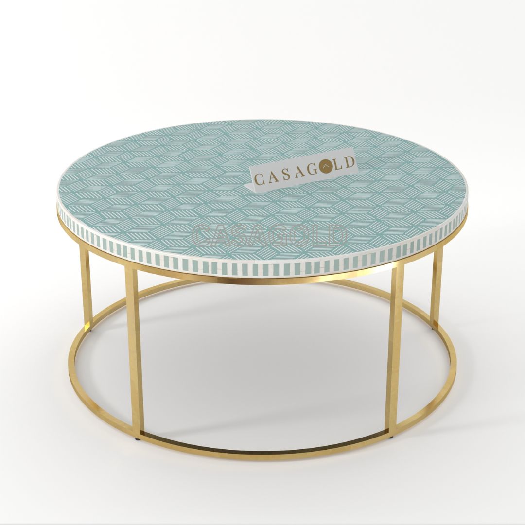 White and sea green round coffee table, inlay art
