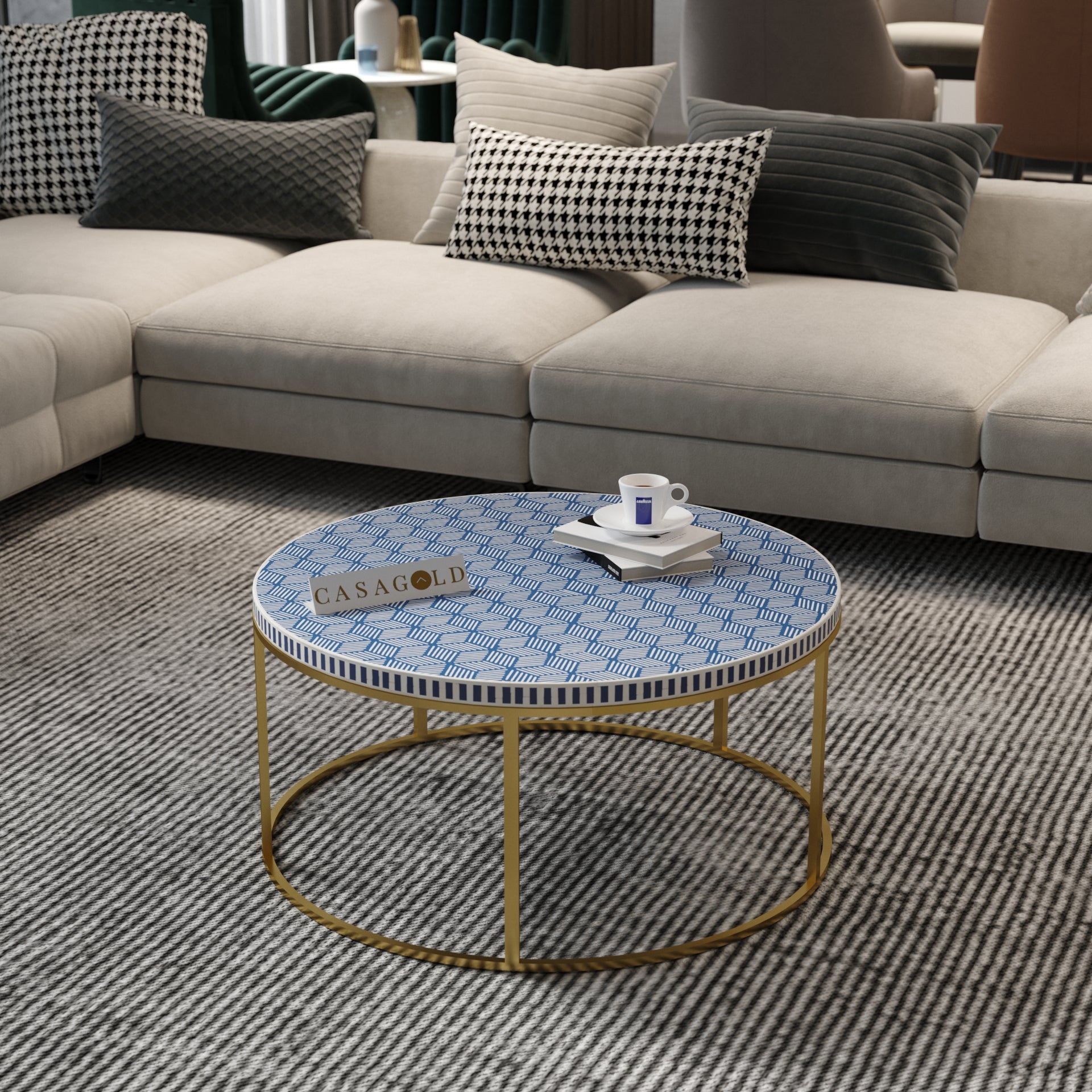 White and Teal Blue round coffee table, inlay art
