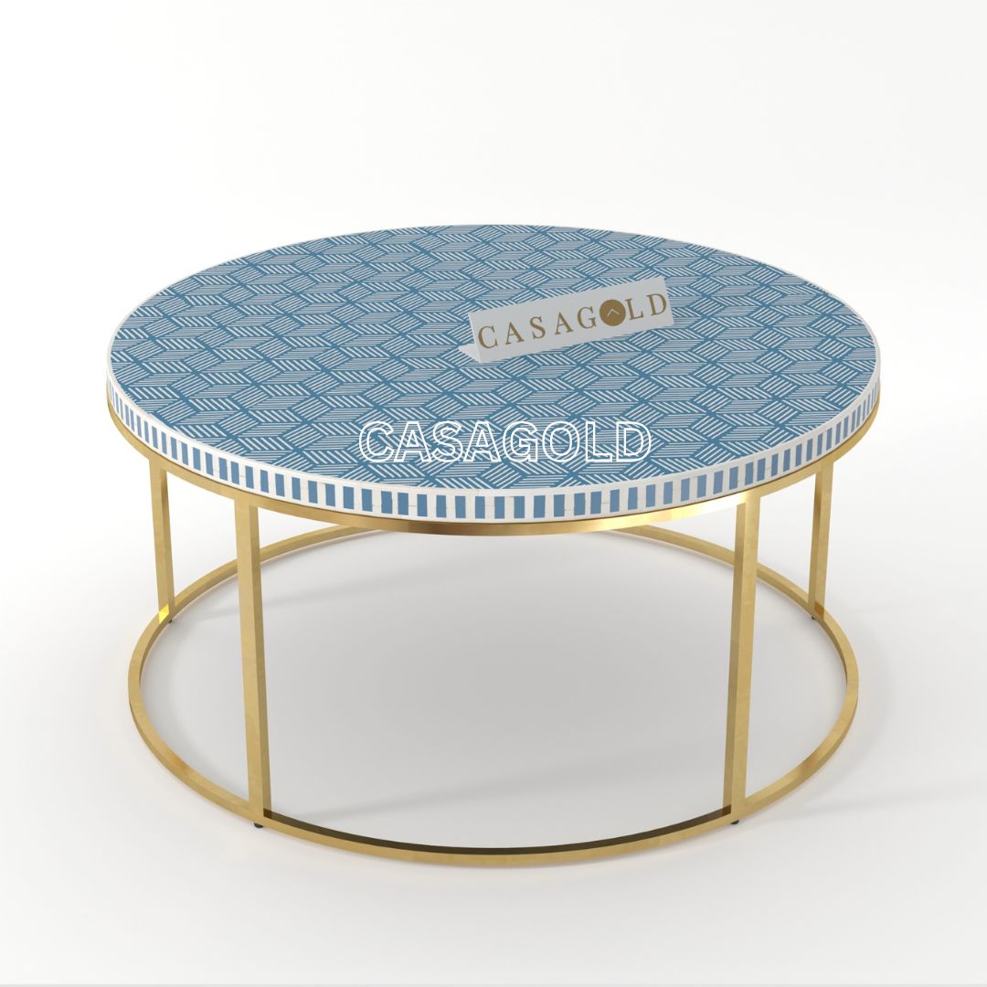 White and Teal round coffee table, inlay art
