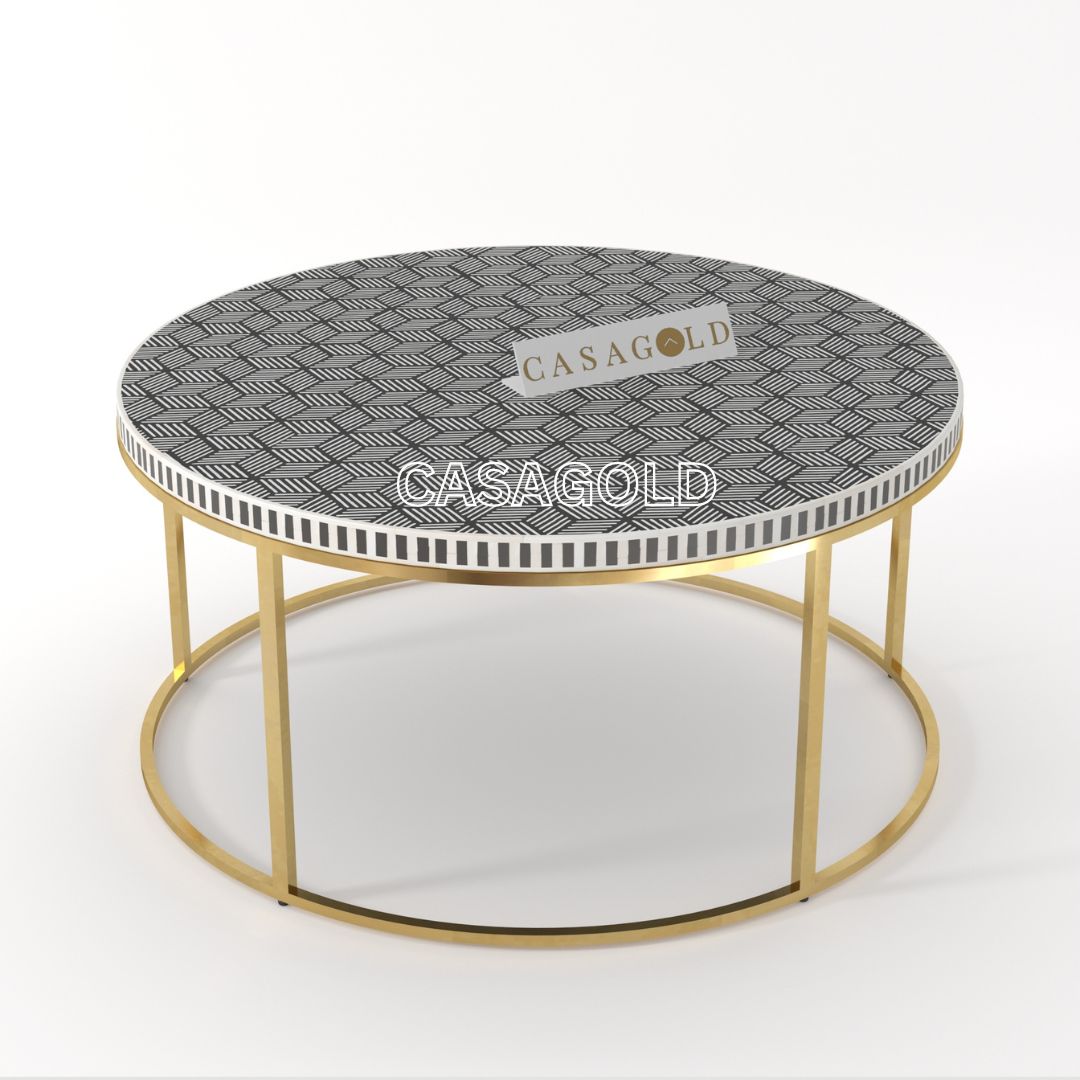 White and black round coffee table, inlay art
