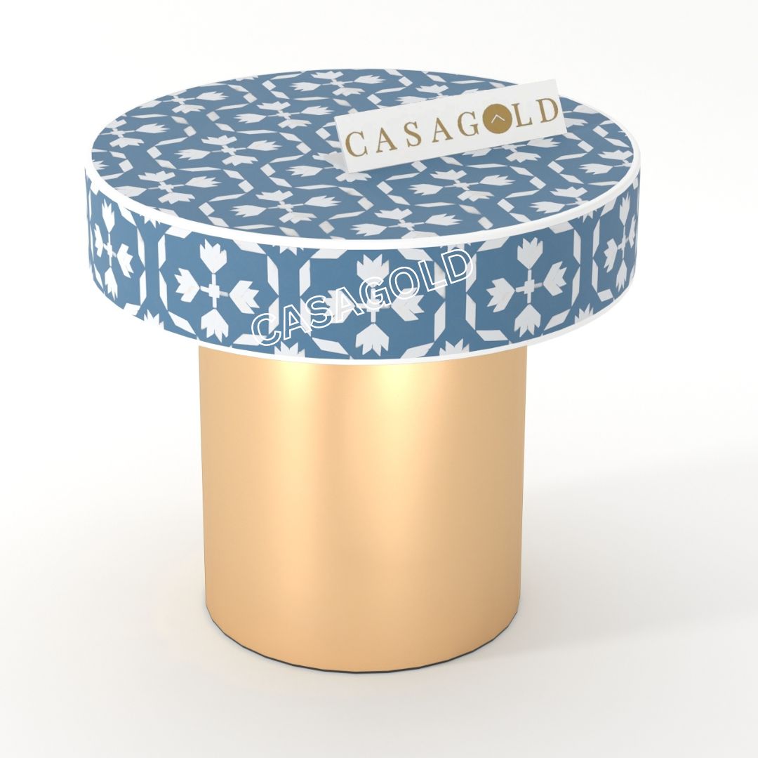 "White bone inlay bedside table featuring an artistic round base for luxury living"
