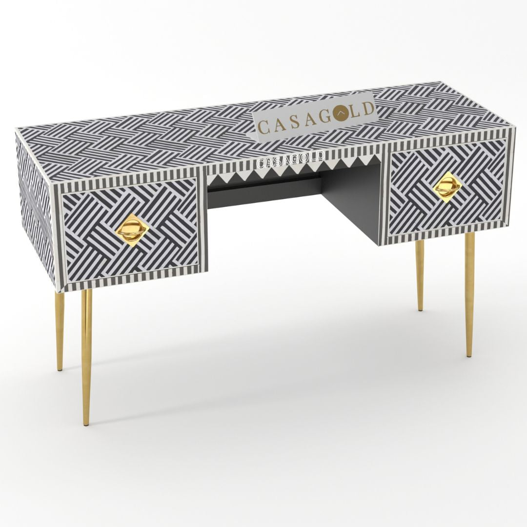 White chevron bone inlay writing desk with intricate handcrafting
